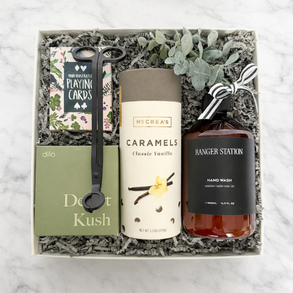 Curated Classic luxury gift box with playing cards, Ranger Station candle, wick trimmer and caramels