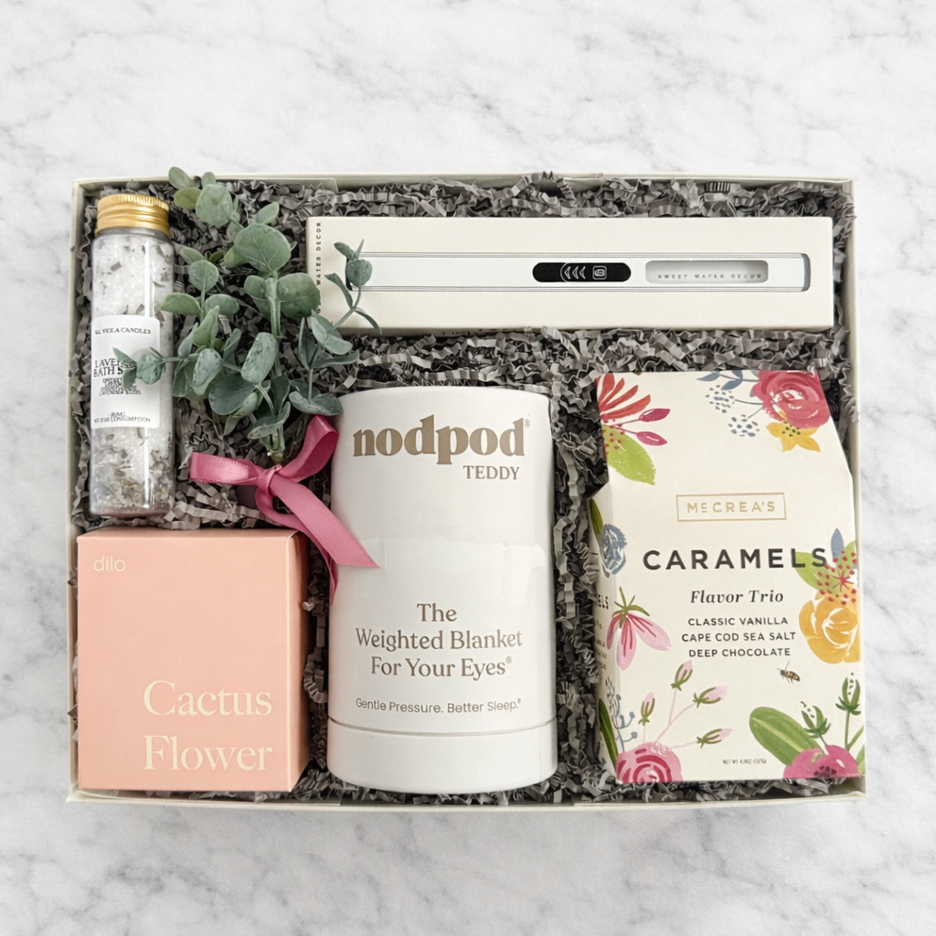 Rest and Reset luxury gift box with lavender bath salts, soy candle, weighted sleep mask and caramels