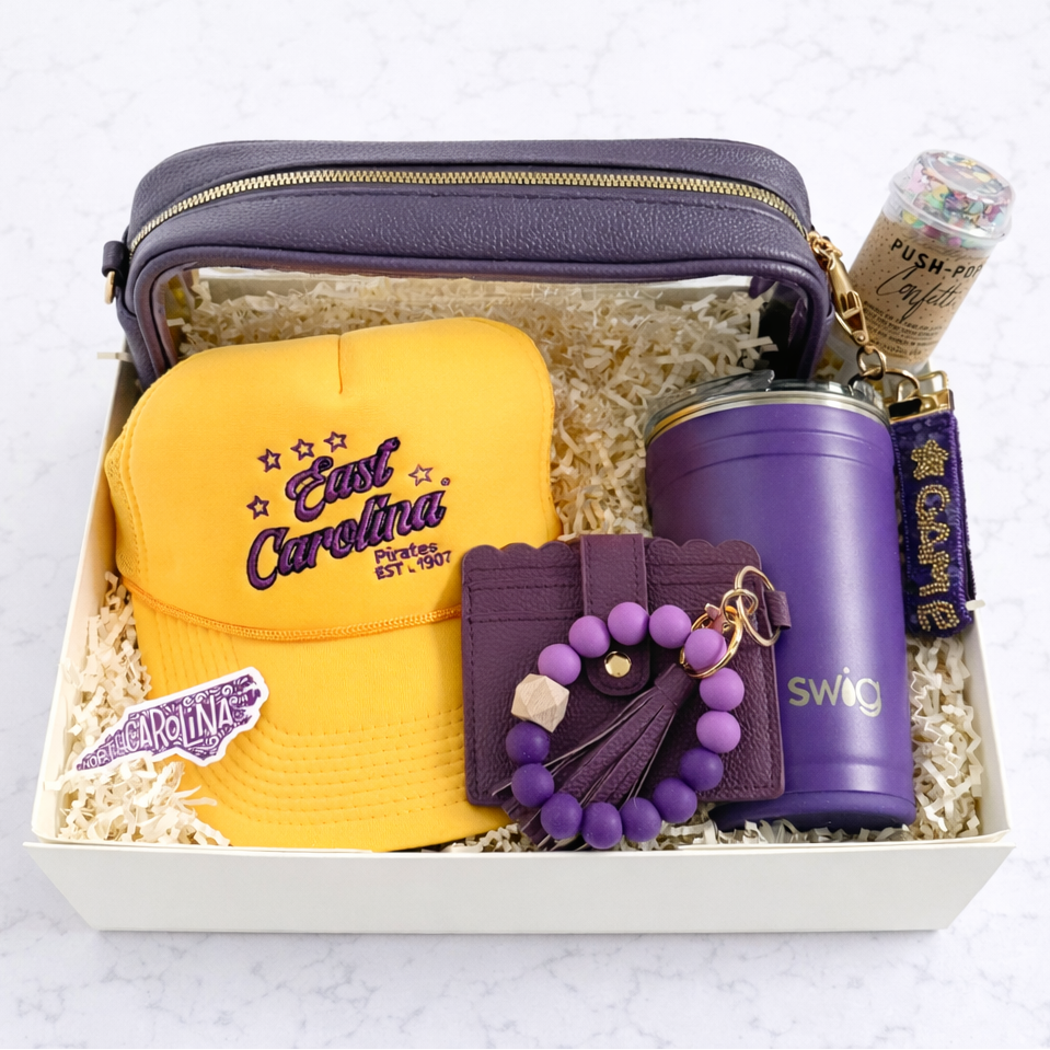 ECU deluxe graduation gift box with Pirate purple ribbon, Swig tumbler, trucker hat and stadium bag
