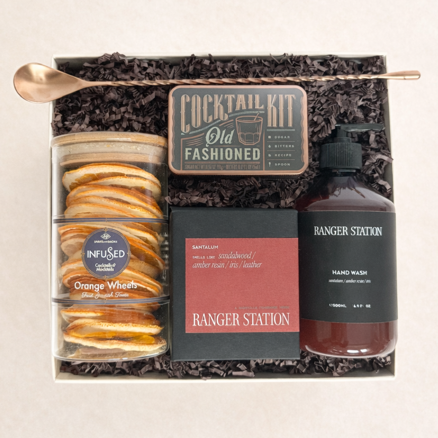 Quiet Luxury gift box with old fashioned cocktail kit, Ranger Station candle and hand wash